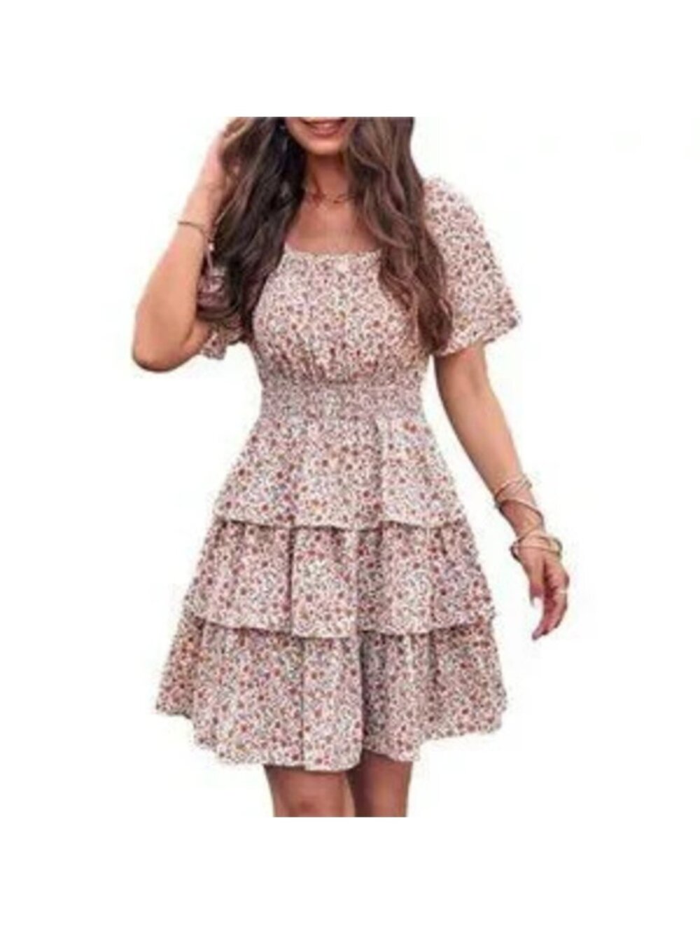 Women's Floral Summer Short Dress Short Sleeve Tiered Ruffle Boho Swing Dress
